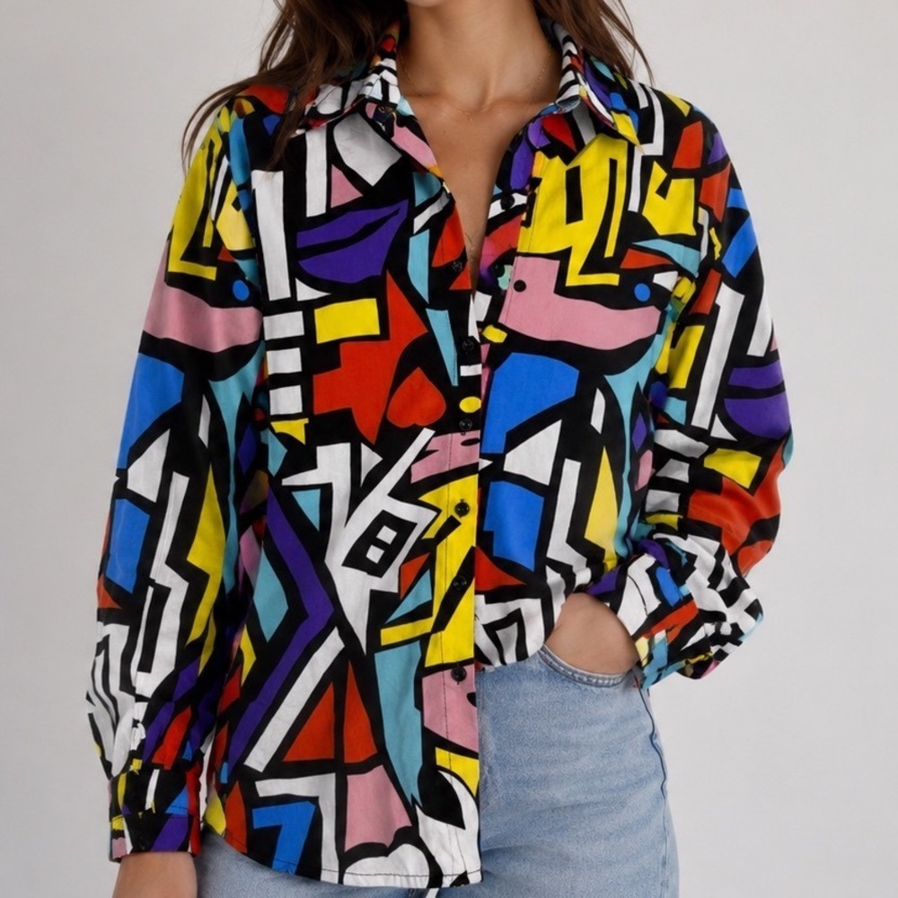 Big Dart Multicolor Geometric Abstract Pop Art‎ Button Front blouse Size US 10